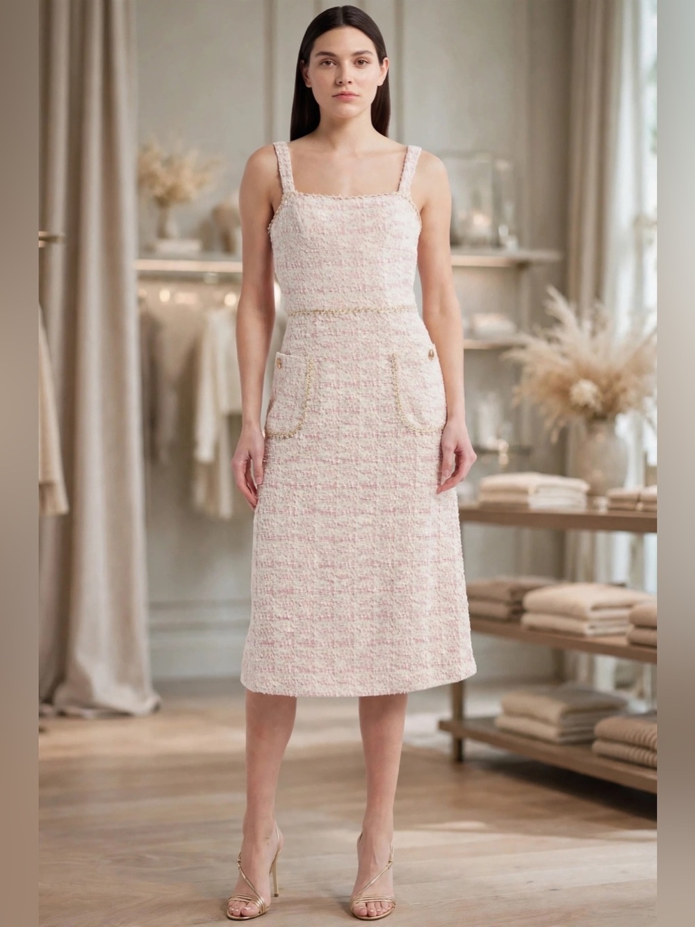 Black Halo Amaranta Midi Dress
Sleeveless Pink Bouclé Midi Dress size 2.